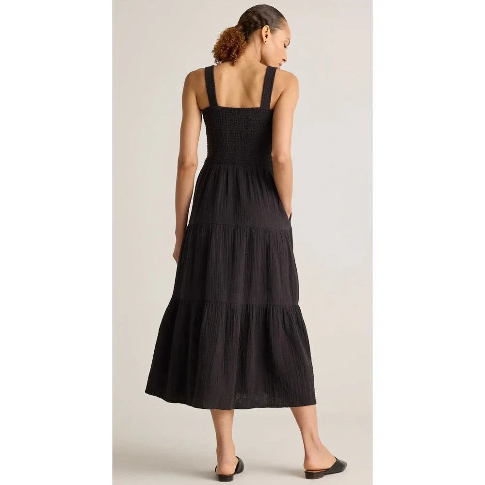 Quince Organic Cotton Gauze Smocked Maxi Dress Black Small